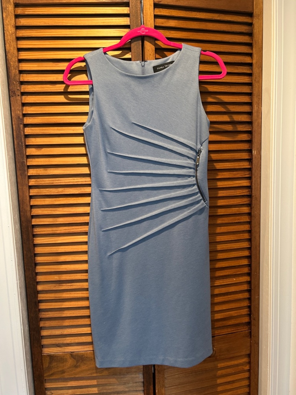 Ivanka Trump Dusty Blue Sleeveless Sheath Dress with Side Pleat Details